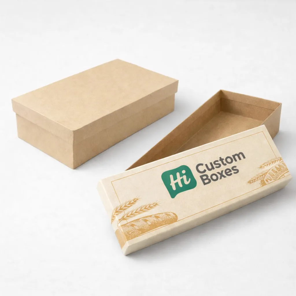 Two-piece kraft baguette gift boxes featuring a separate lid and base with rustic bread imagery. class=